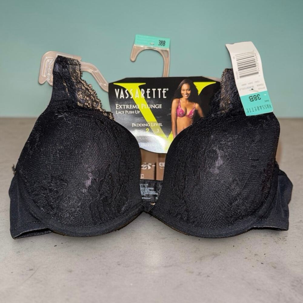 NWT Vassarette Extreme Plunge Lace Push-Up Bra 38B Black